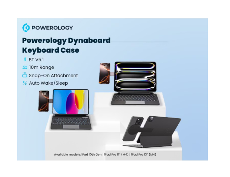 Powerology DynaBoard Wireless Keyboard Case with MagSafe Phone Holder for iPad 10th Gen - Black