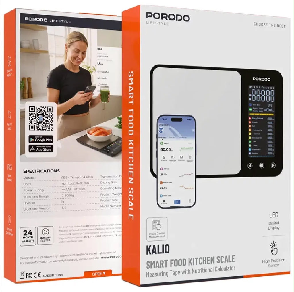 Porodo Lifestyle Kalio Smart Food Kitchen Scale Measuring Tape with Nutritional Calculator - Silver