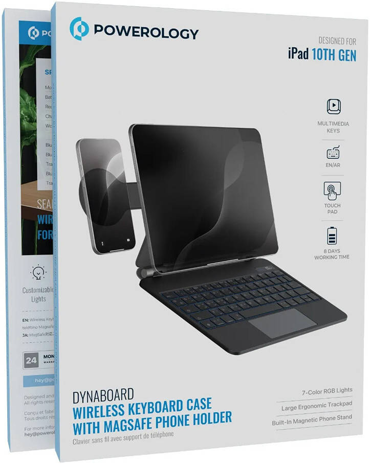 Powerology DynaBoard Wireless Keyboard Case with MagSafe Phone Holder for iPad 10th Gen - Black