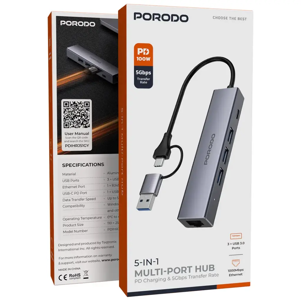 Porodo 5-IN-1 Multi-Port Hub PD Charging & 5Gbps Transfer Rate - Gray