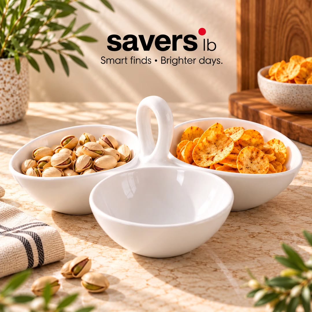 Three-section white serving bowl with snacks