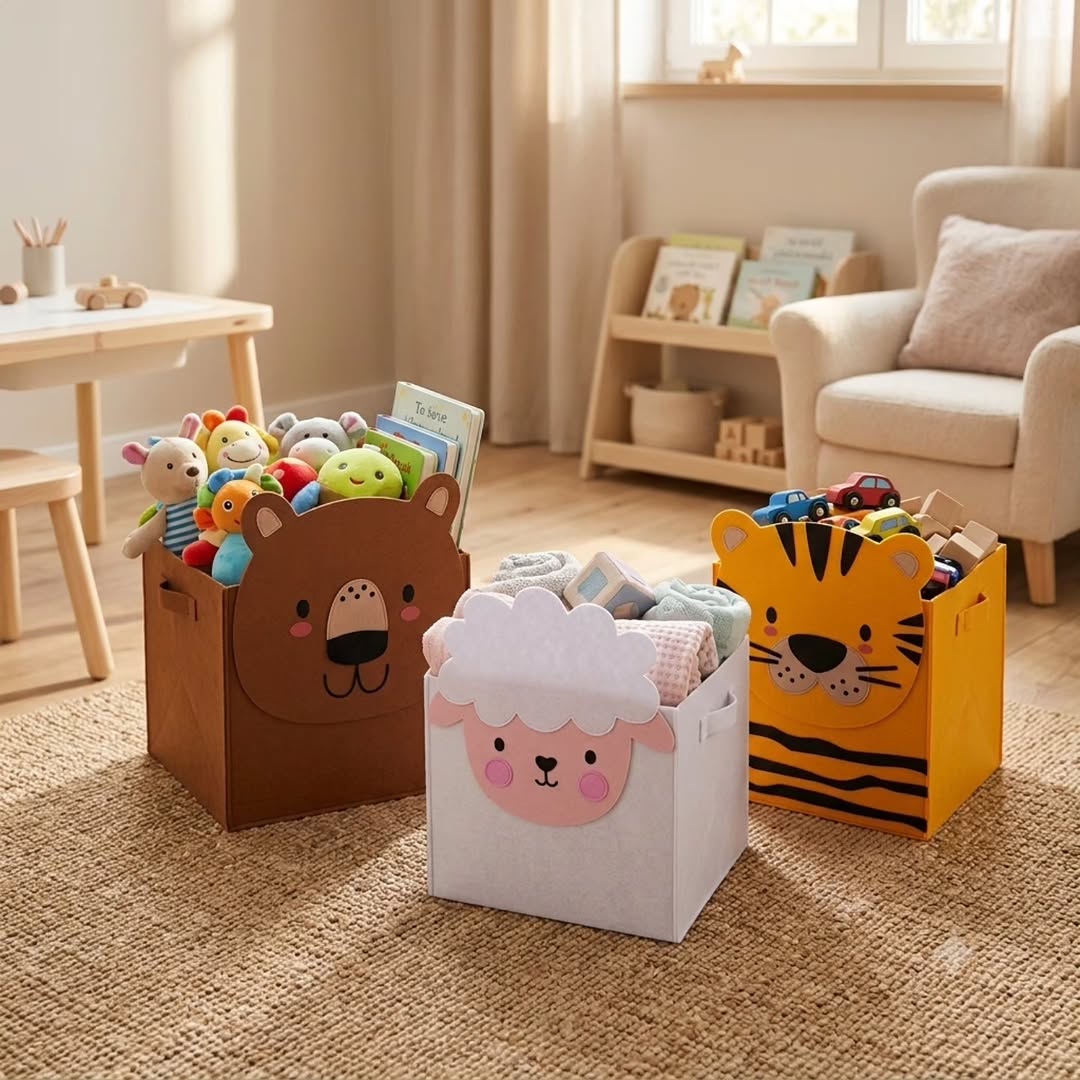 Three animal-shaped storage bins for toys