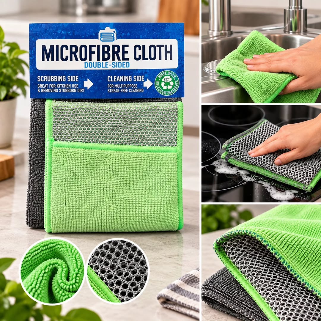 Double-sided microfiber cloth with scrubbing and cleaning sides