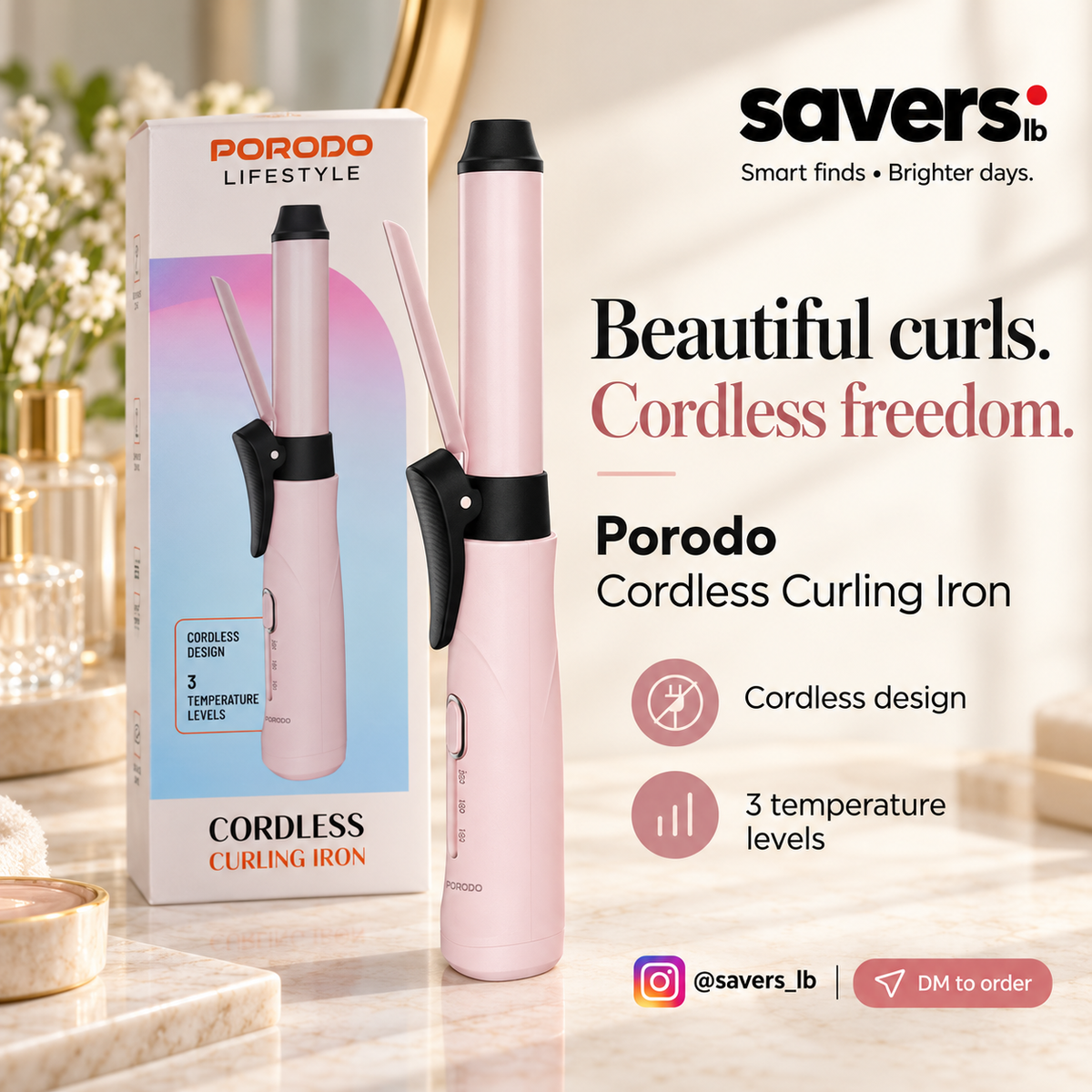 Porodo Lifestyle Cordless Curling Iron - Pink