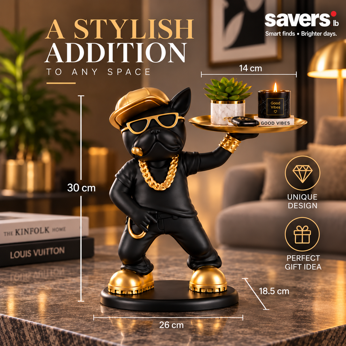 Streetwear French Bulldog Butler Statue with a Gold Serving Tray