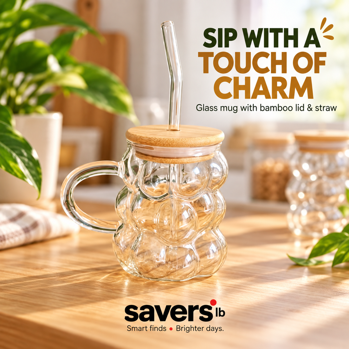 Bubble-design glass mug with a handle