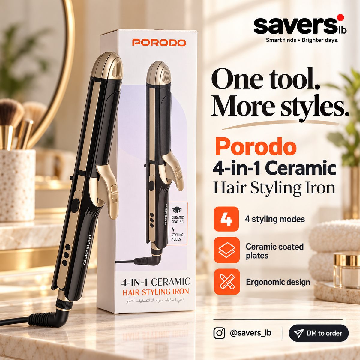 Porodo Lifestyle 4-in-1 Ceramic Hair Styling Iron