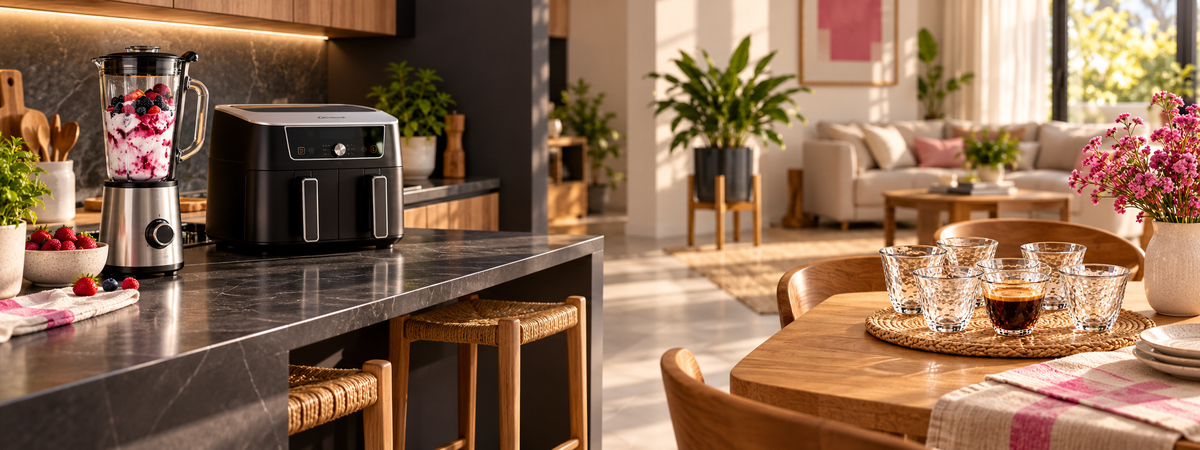 Savers LB home lifestyle scene with kitchen appliances, glassware and home decor